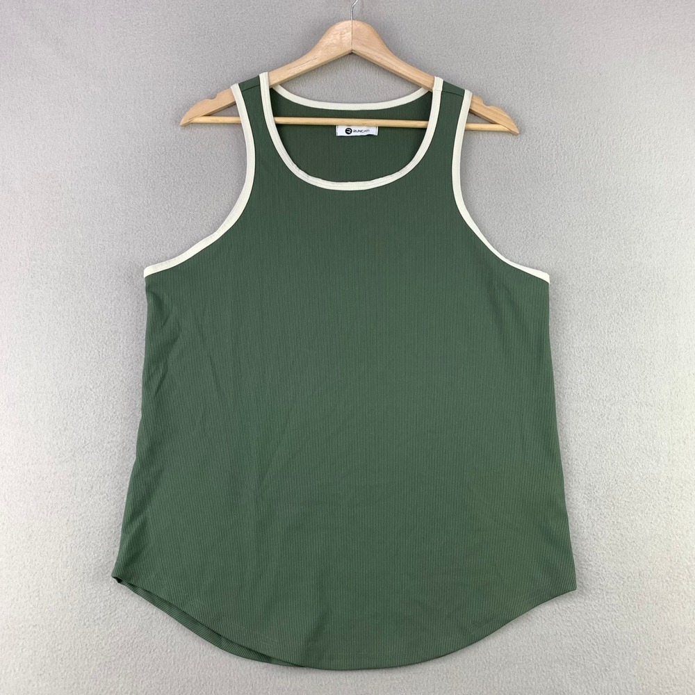 Runcati Ribbed Tank Top Women L Green Casual Contrast Trim Sleeveless